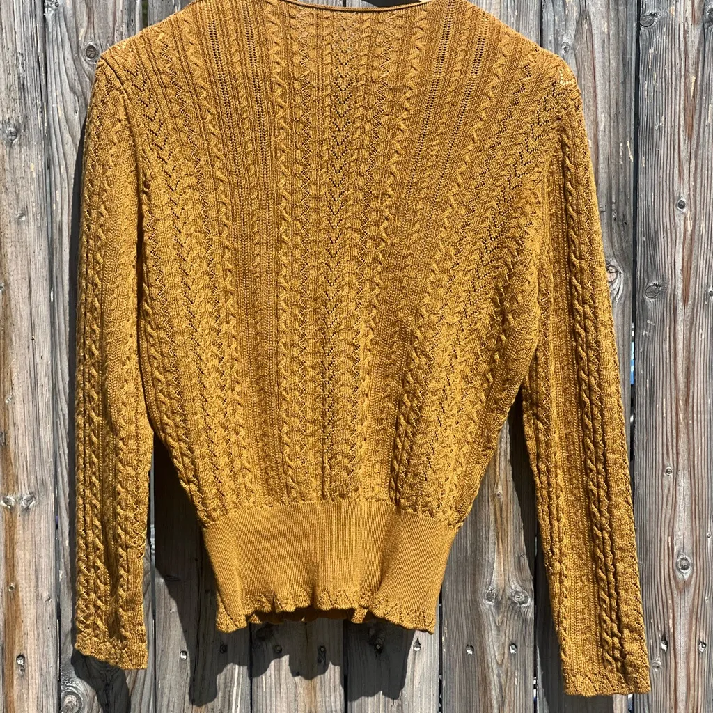 Simple Retro Scallop Trim Cable Knit Cardigan Sweater Tan Size M - Image 15