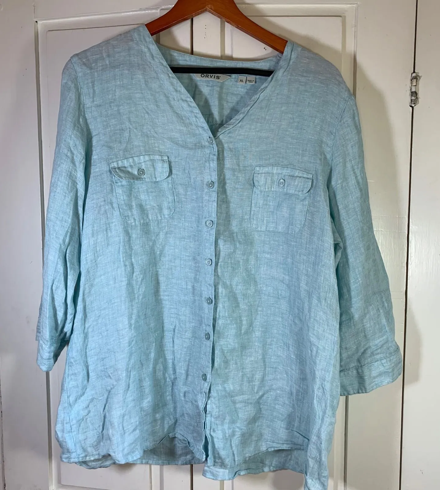Orvis Womens Button Down Shirt XL Blue Linen 3/4 Sleeve Pockets Casual READ - Image 1