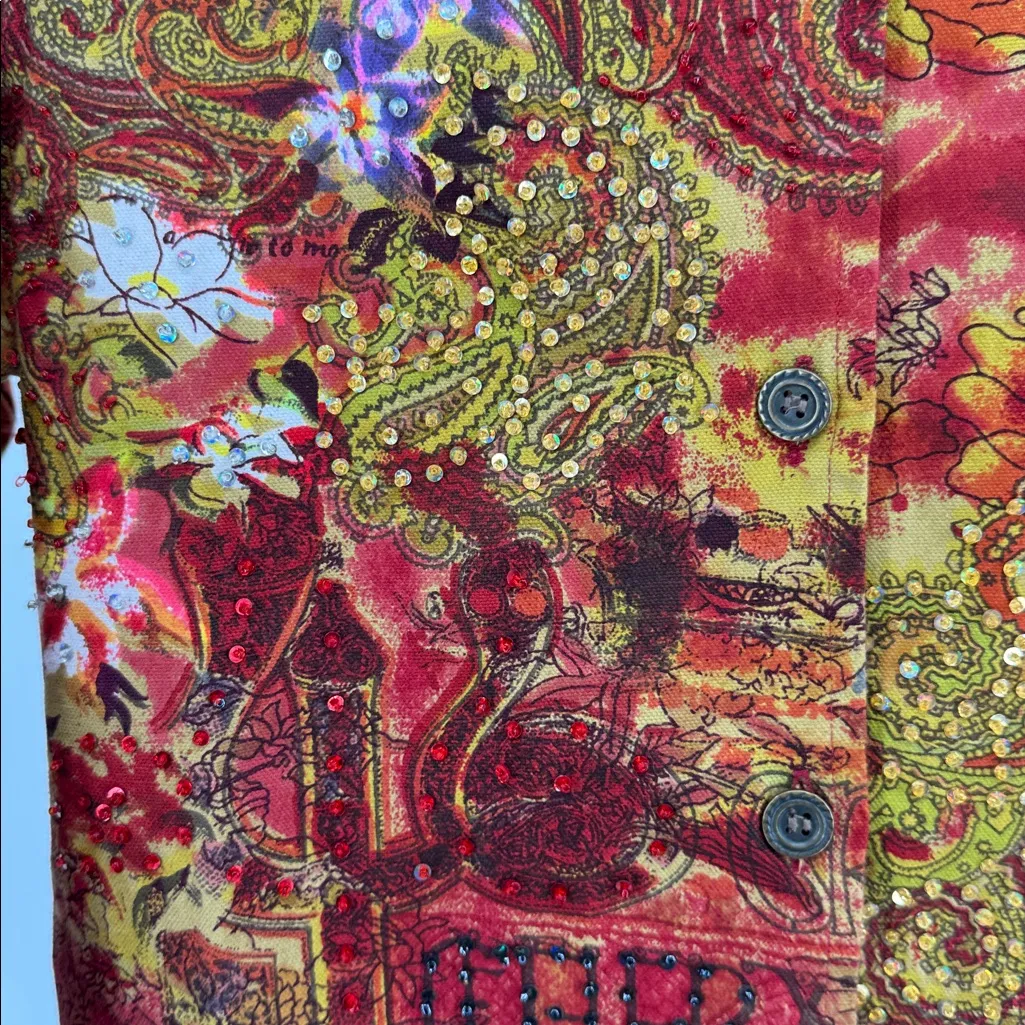 Candy Couture Red Paisley Women's Blouse S cotton sequin beaded colorful LS - Image 8