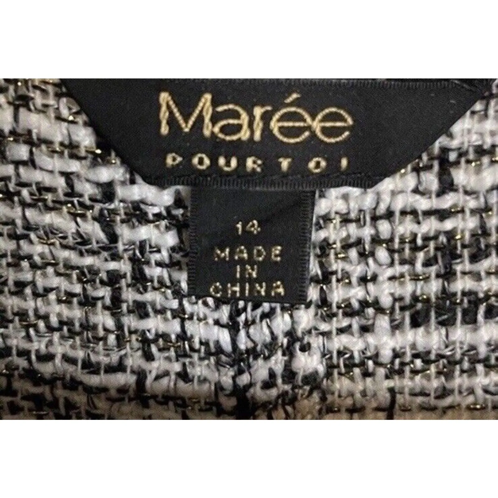 Maree Pour Toi Blouse Tweed Size 14 Black White Gold Fringe Business Casual NWT - Image 4
