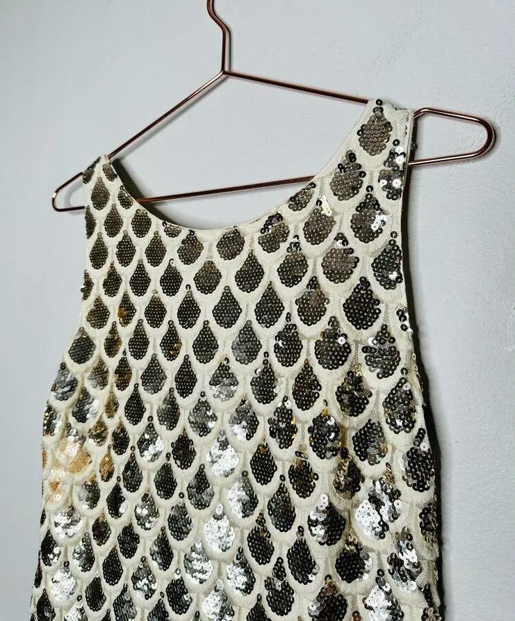 MILLY White Gold Silver Scallop Print Sequins Rhea Sleeveless Mini Dress Size 6 - Image 11