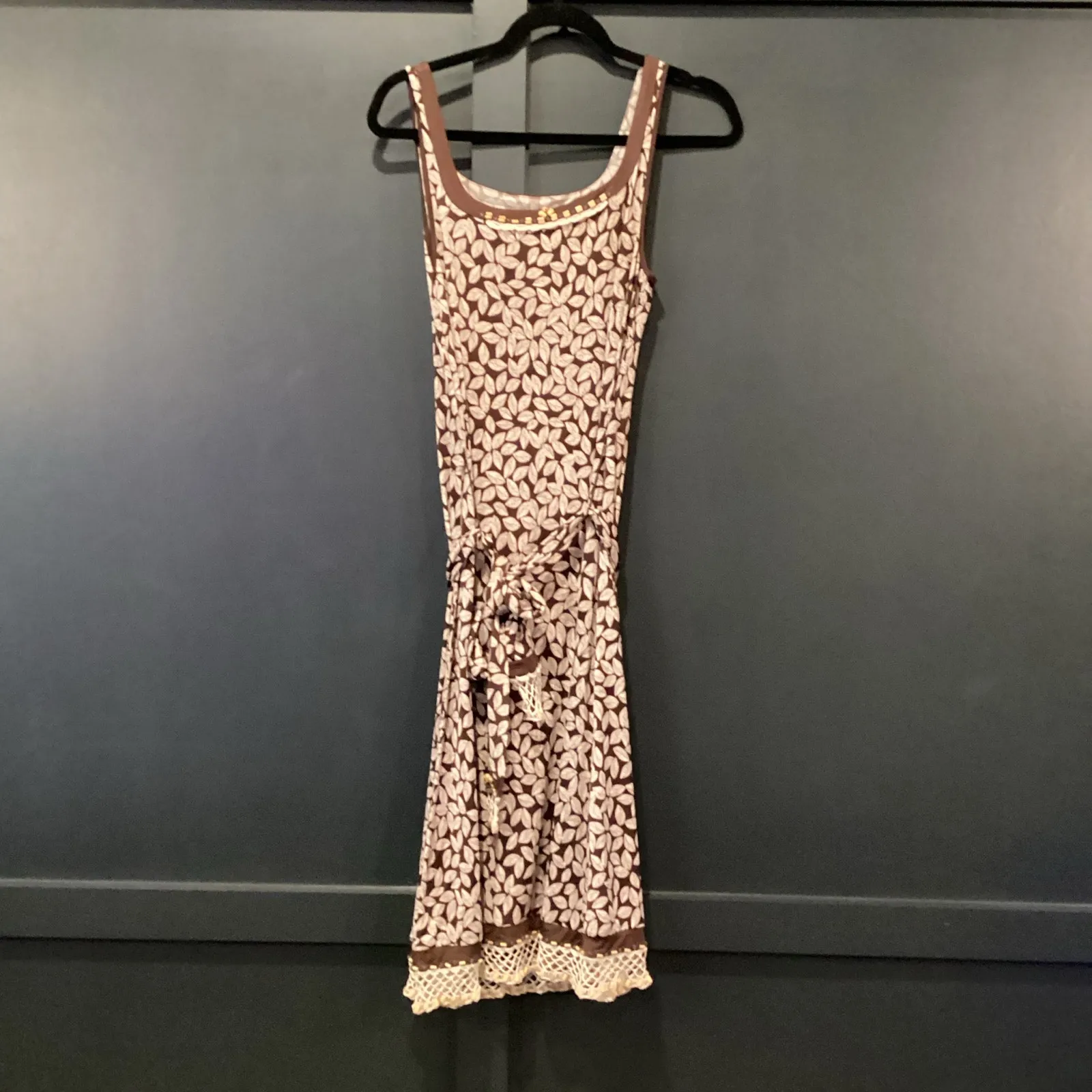 Oscar De La Renta brown & cream floral leaf beaded hem detail sleeveless dress M - Image 3