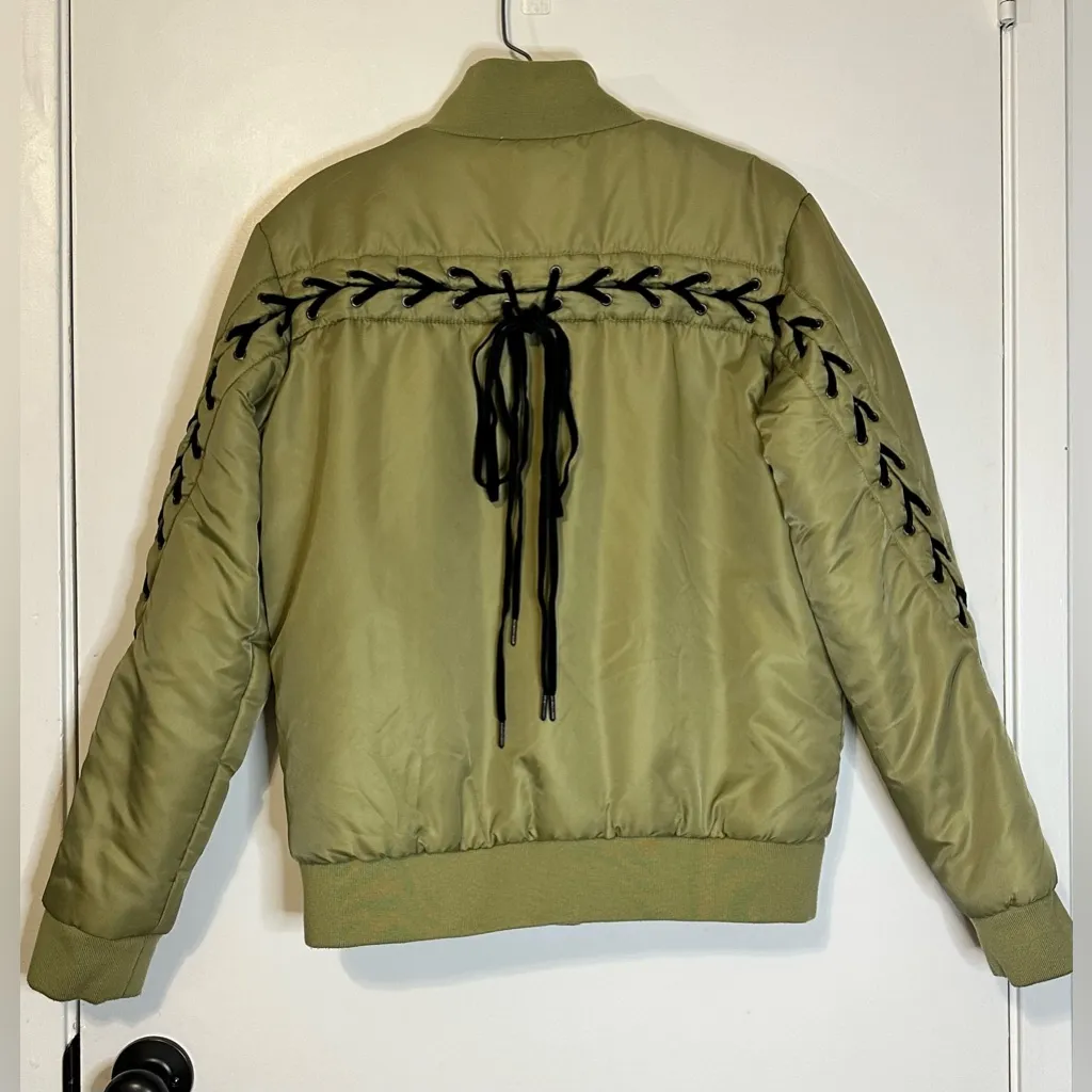 GUESS Luke Lace‎ Up Sporty Bomber Jacket Women’s Size M Olive Green Black Laces - Image 2