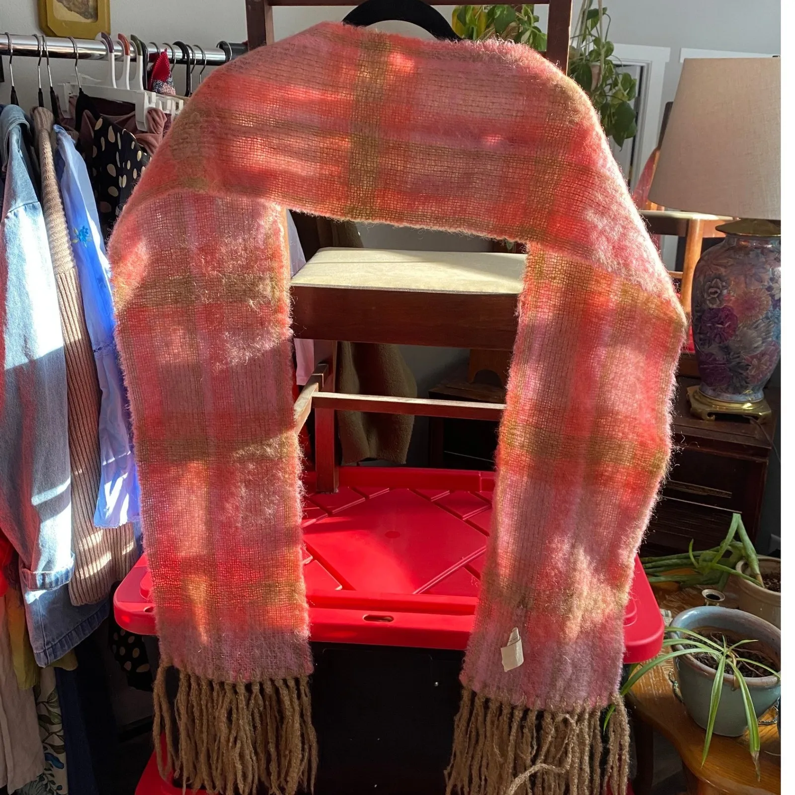 Vintage Mohair Wool Woven Plaid Fringe Pink Scarf Soft Warm Scandigirl Winter - Image 2