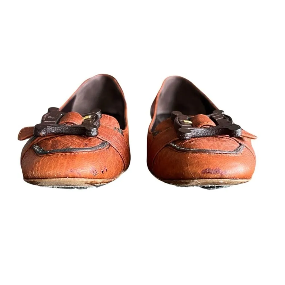 Celine Women’s Vintage Wooden Triomphe Cognac Brown Orange Leather Ballet Flat - Image 5