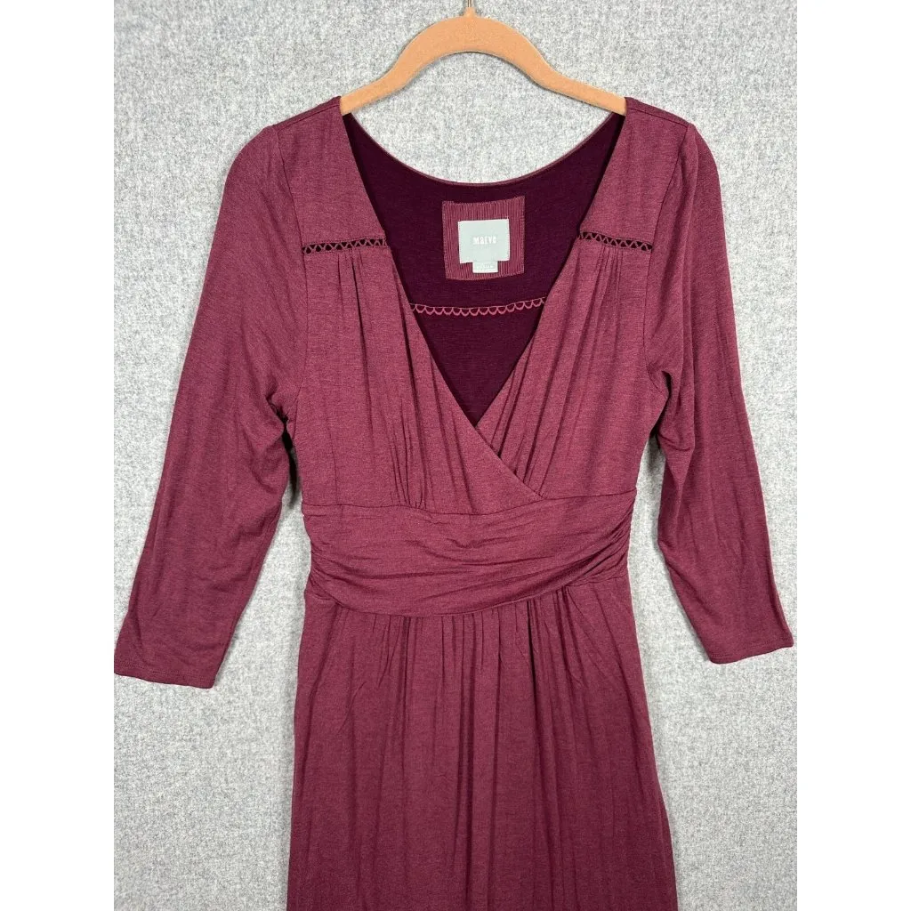 Maeve Medium Womens Dress Low Cut V-Neck Burgundy Stretch Faux Wrap Knee Length - Image 4