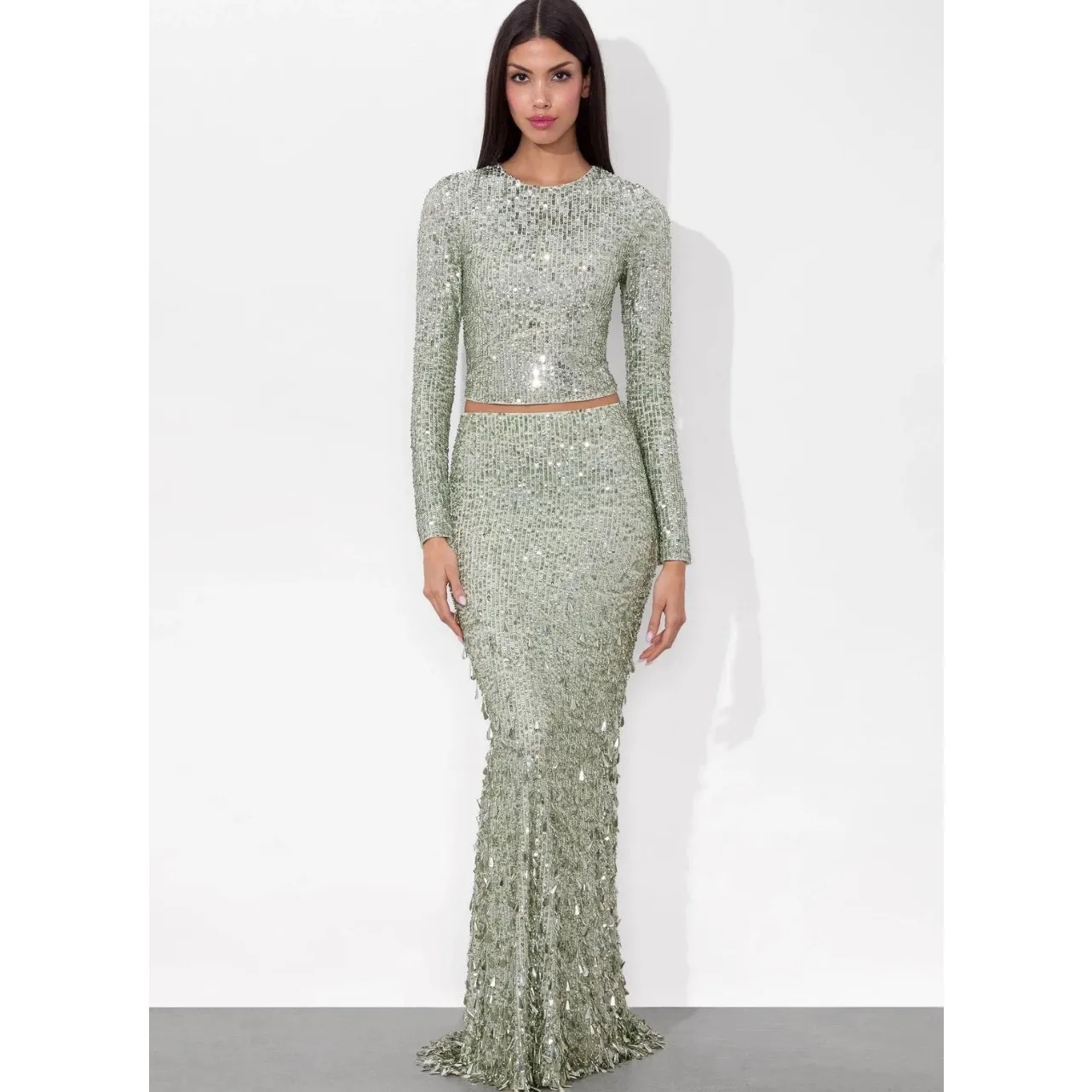 ALICE + OLIVIA Delaina Long Sleeve Sea Green Sequin Crop Top Size Large - Image 3