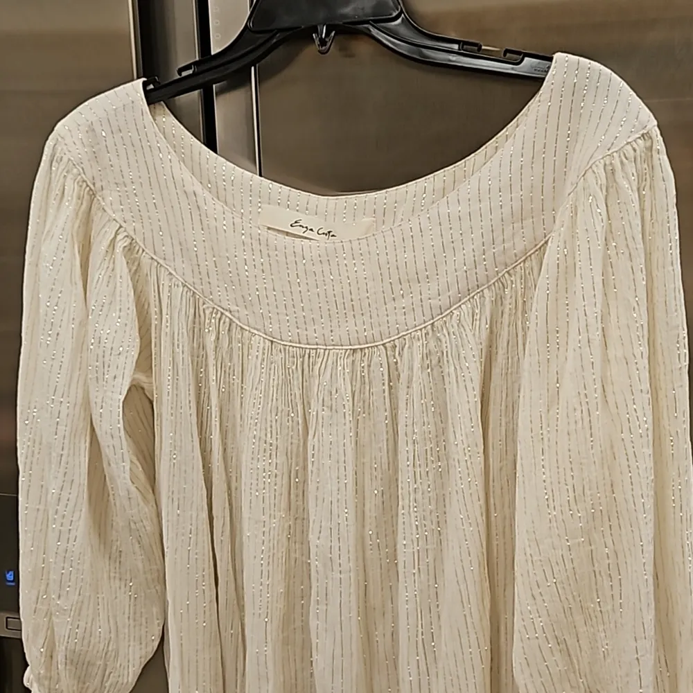 💕ENZA COSTA💕 Crinkled Cotton Voile Lurex Mini Dress ~ White/Gold NWT Gold Size M - Image 3