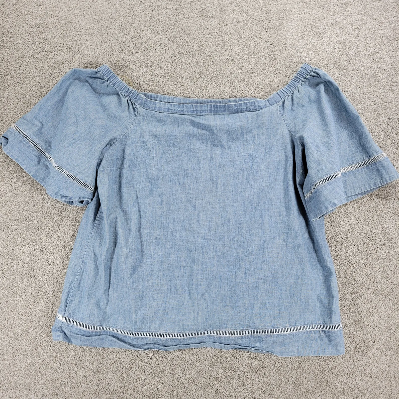 Lauren Ralph Lauren Chambray Off Shoulder Top‎ Womens XL Blue Denim Bell Sleeve - Image 9