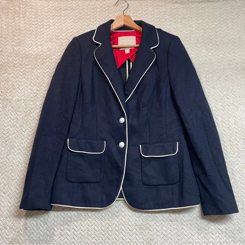 Banana Republic Womens Navy Piped Navy Wool Blend Nautical Preppy Blazer Size 8 - Image 4