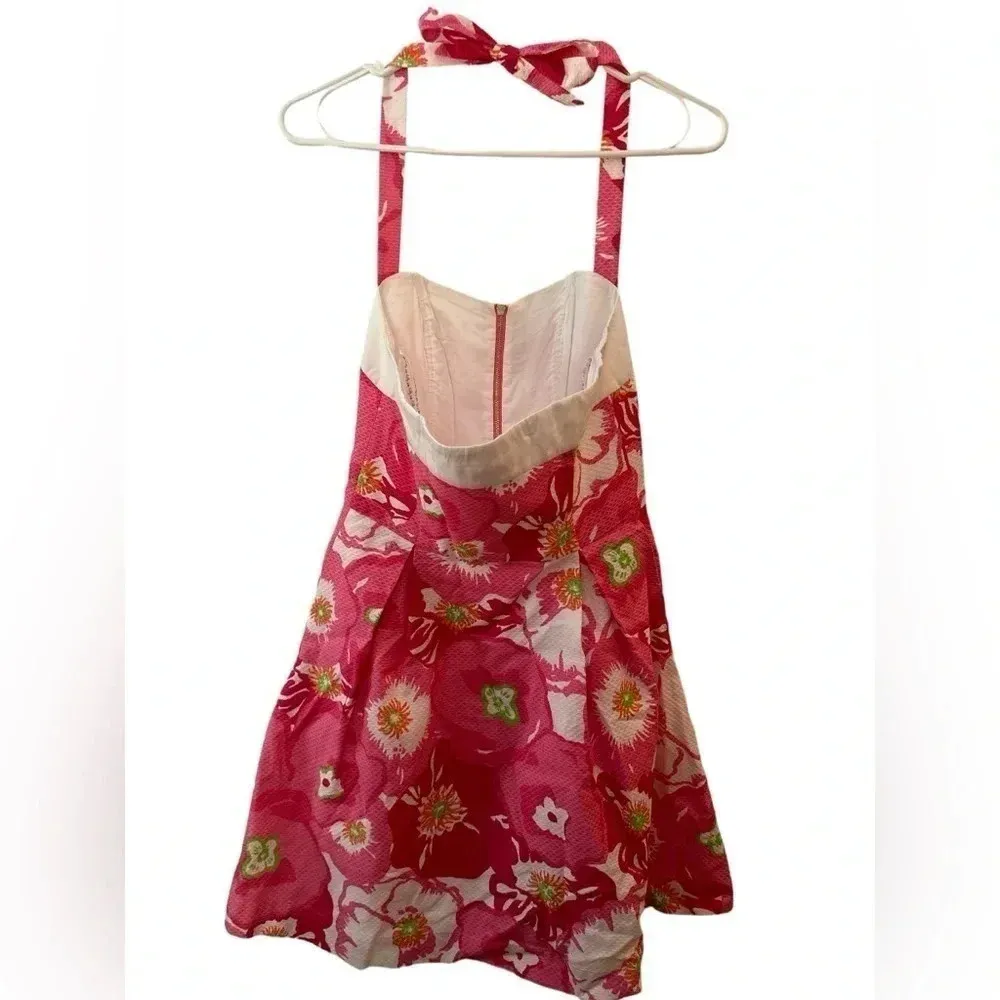 Lilly Pulitzer Marisa Hotty Pink Cherry Begonias Floral Halter Fit Flare Dress 2 - Image 3