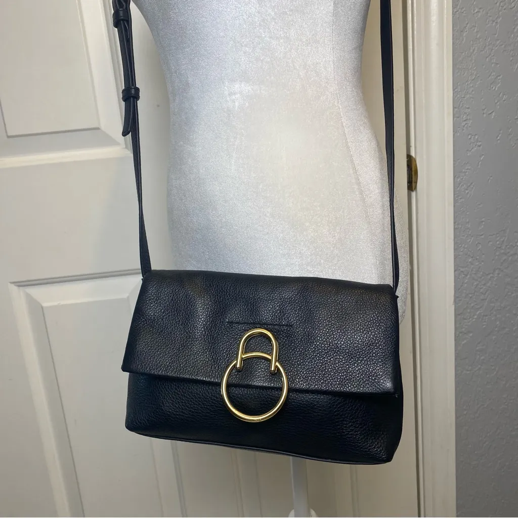 Vince Camuto black pebbled leather crossbody purse flap front bag gold hardware - Image 2