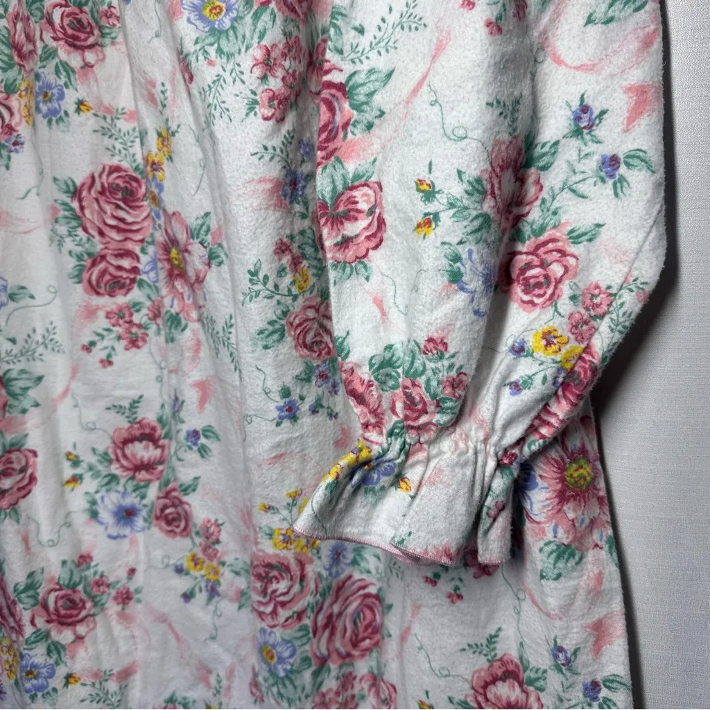 Vintage Mervyns Partners Pink Floral Long Flannel Nightgown L Cottagecore Ruffle Size L - Image 3
