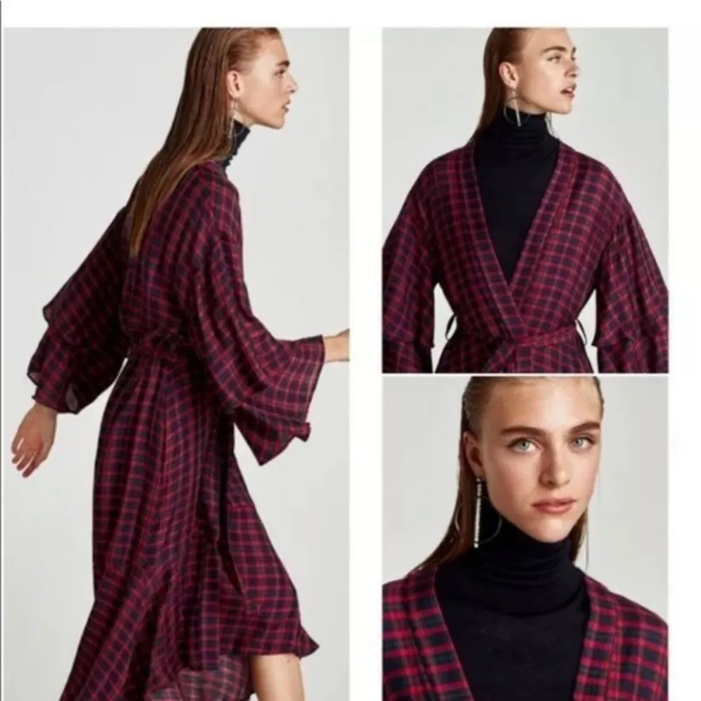 NWOT ZARA CHECKED LONG KIMONO WITH RUFFLES SLEEVES BLOGGERS FAV XS/S NO BELT - Image 2