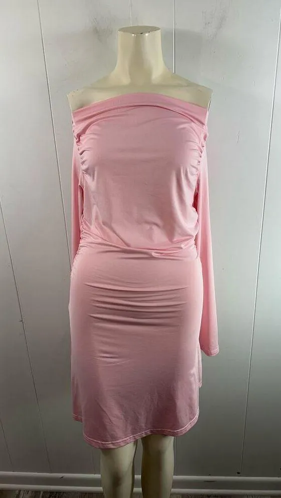 Edikted  Leena Ruched Off the Shoulder Long Sleeve Minidress in Pink Size Large - Image 5
