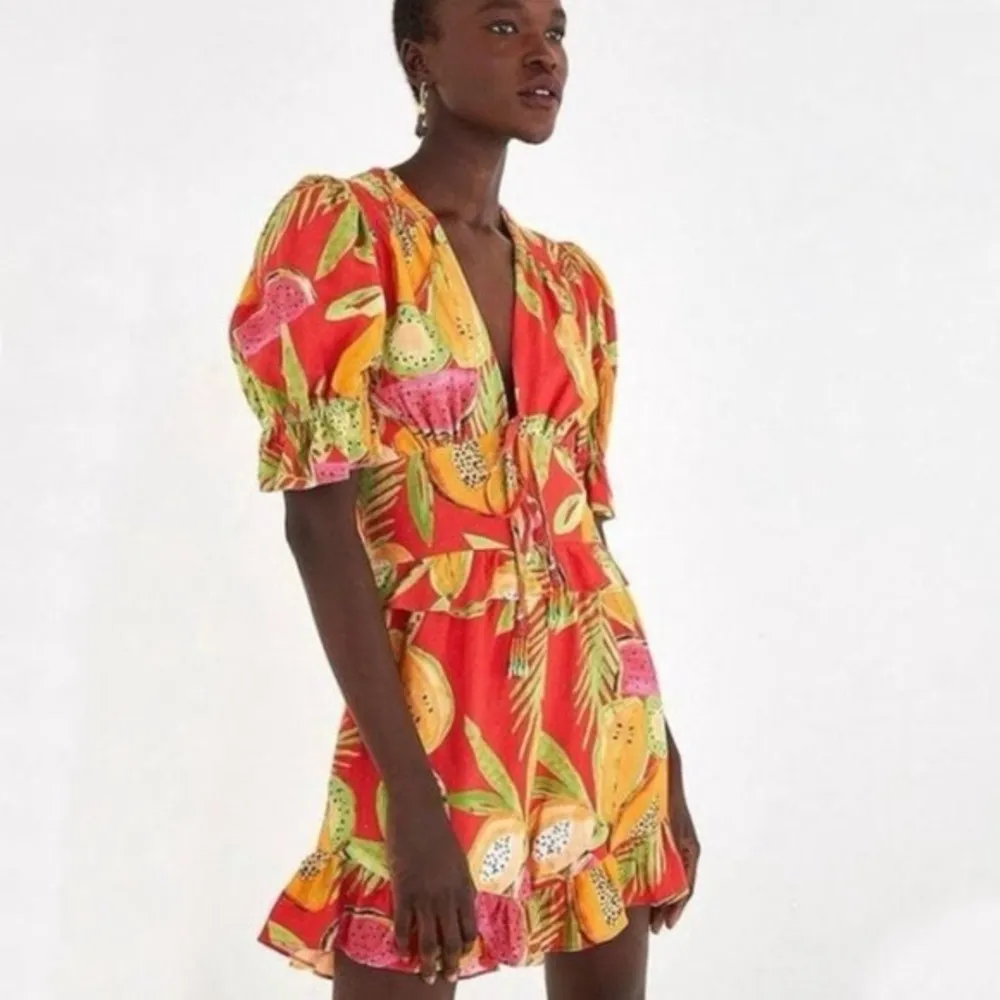 FARM RIO linen romper papaya fruits watermelon colorful beaded ruffle playsuit Red Size L - Image 11