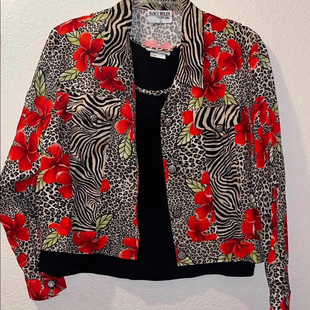Vintage SET Nancy Bolen City Girl Women's Red Floral Jacket Jean jacket Size XL - Image 2