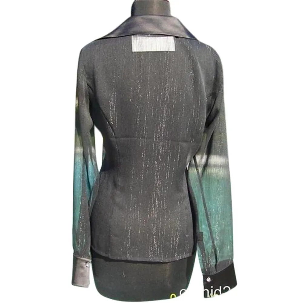 Cache Luxe Black Sheer Illusion Silver Metallic Thread Top New Satin $178 NWT - Image 8