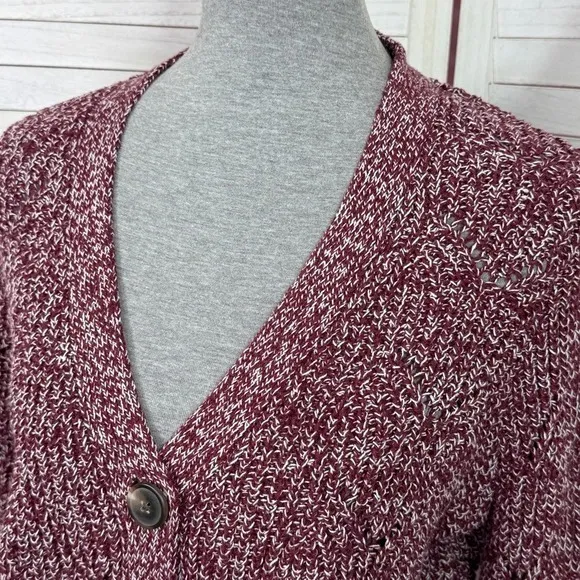 Old Navy Marled Pointelle Knit V Neck Crop Cardigan Sweater Burgundy Red Small - Image 7