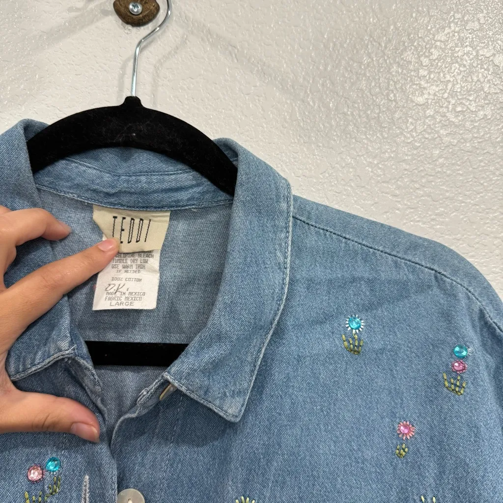 Vintage Teddi Button Front Embellished Denim Long Sleeve Top Large Blue - Image 4