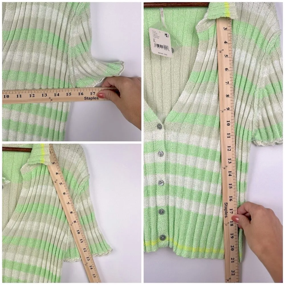 Free People Cardi Cardigan Green Stripes Buttoned Top Sz L - Image 8