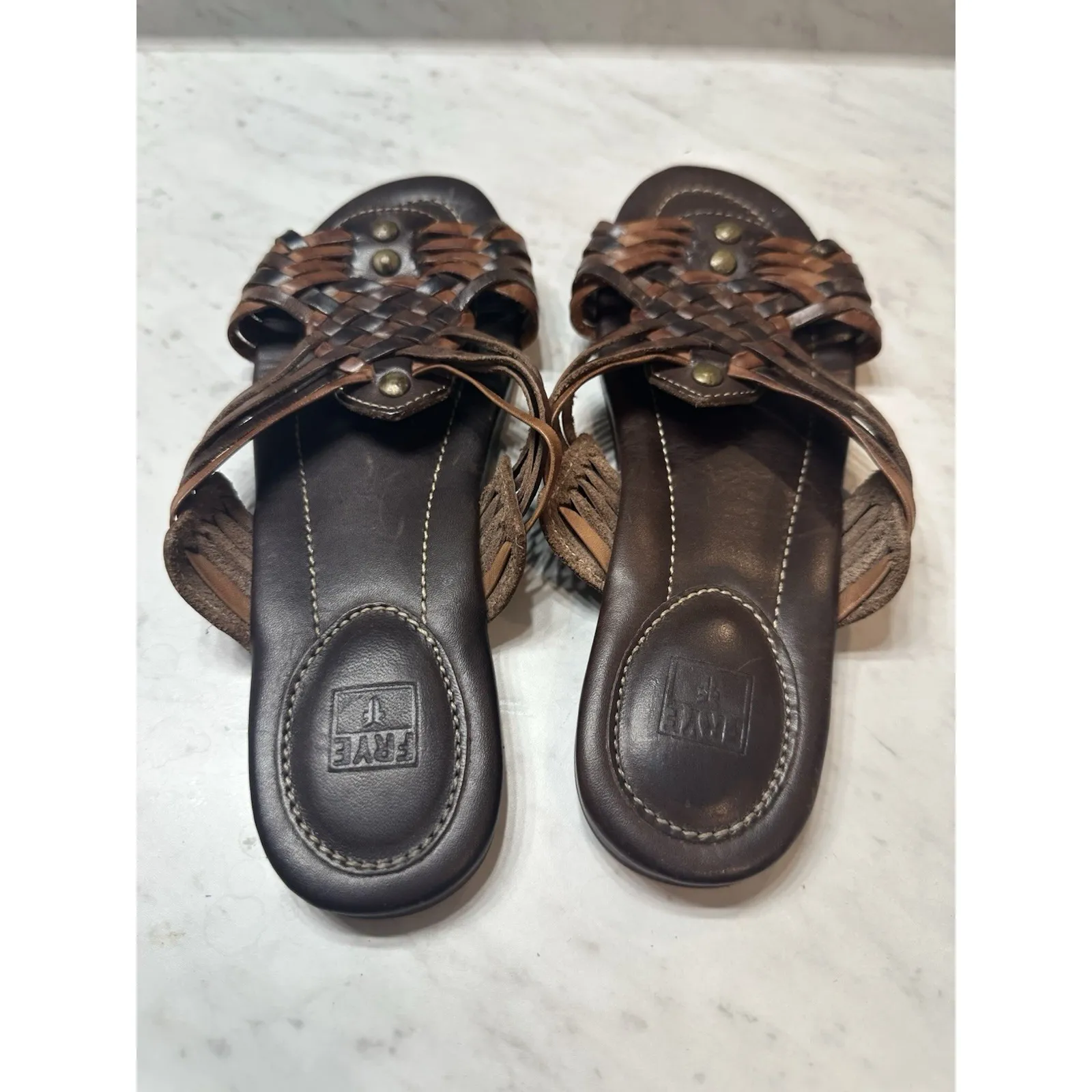 Frye Jayce Huarache Leather Slide Sandals Brown Woven Slip-On Boho 7 - Image 2