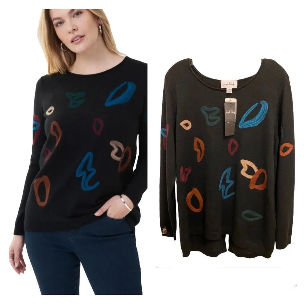 Joseph Ribkoff Black Sweater front Colorful Patchwork Sz L NWT - Image 2