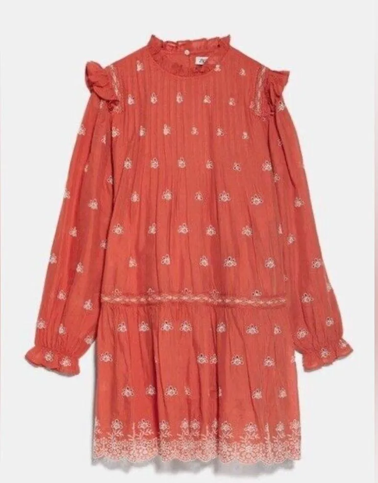 ZARA Ruffled Eyelet Embroidered Boho Long Sleeve Mini Dress in Coral Size S - Image 14