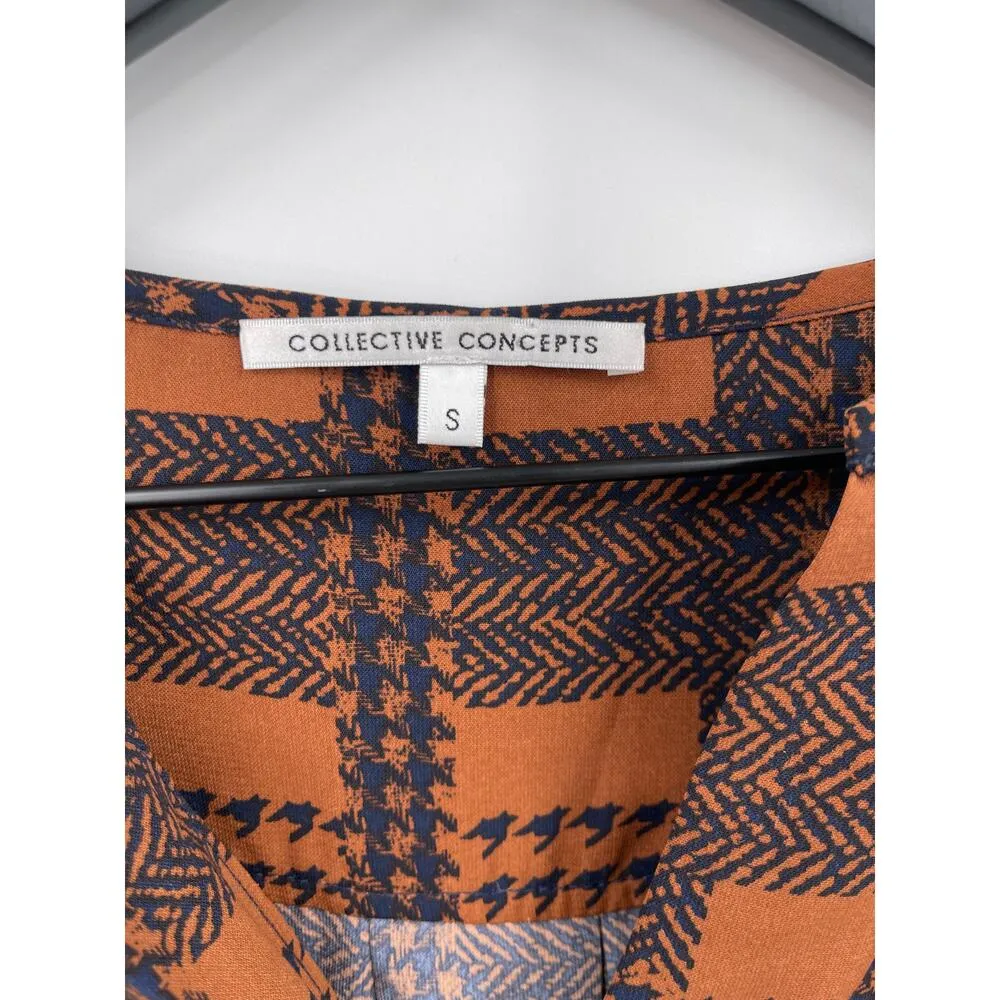 Collective Concepts Brown and Navy Patchwork Print Blouse Size Small - Image 5