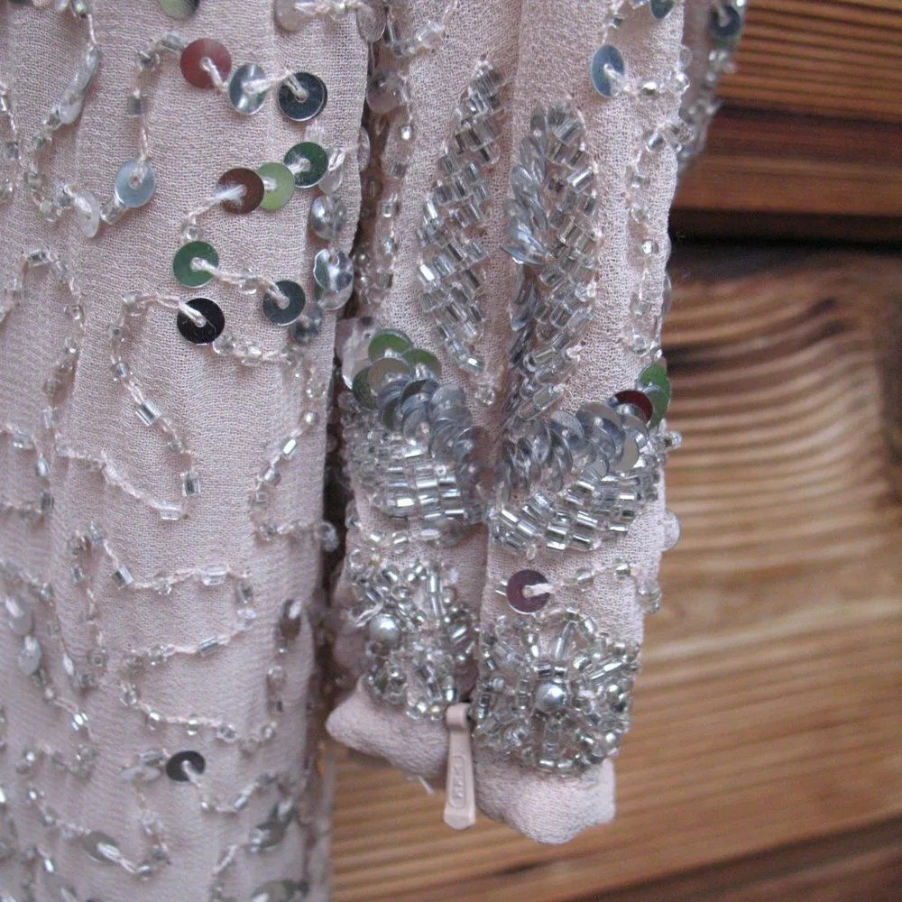 NWOT Mac Duggal Sequin Embellished Nude Silver Faux Wrap Dress FLAW - Image 9