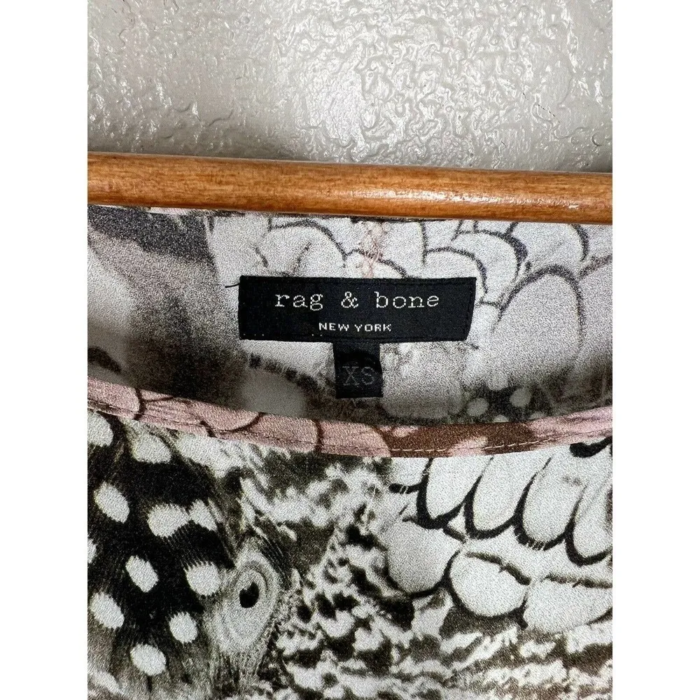 Rag & Bone XS Botany Feather Print Silk Tunic Top Asymmetric Hem - Image 3