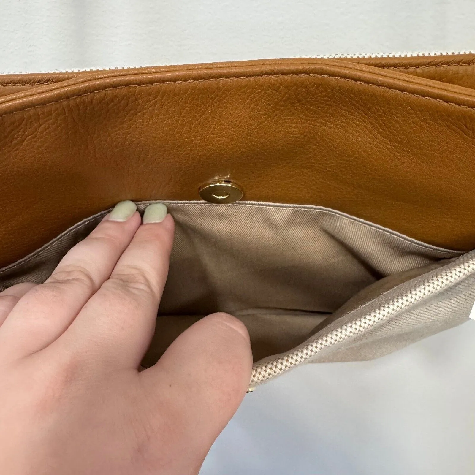 Talbots Crossbody Bucket Purse Bag Leather Trim‎ Beige Minimal Small NEW $119 - Image 7