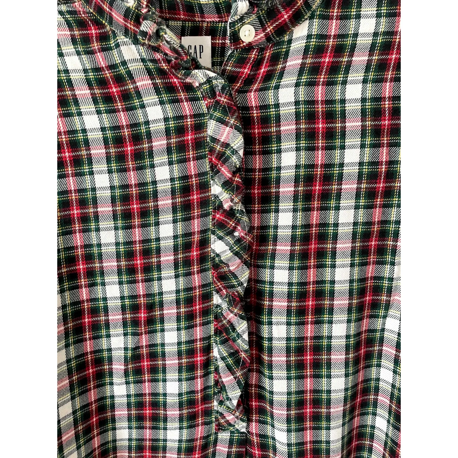 Gap Flannel Ruffle Plaid Shirt Red Green Size Medium - Image 3