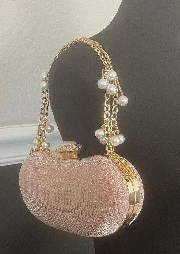 Shimmering Glitter Evening Clutch Sparkly Banquet Purse with Pearl Chain Pink Gold - Image 2