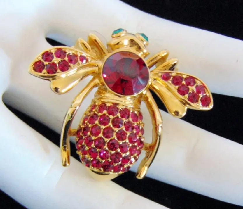 Joan Rivers Crystal Bee Brooch Pin Ruby Garnet Red July January Birthstone Vtg - Image 1
