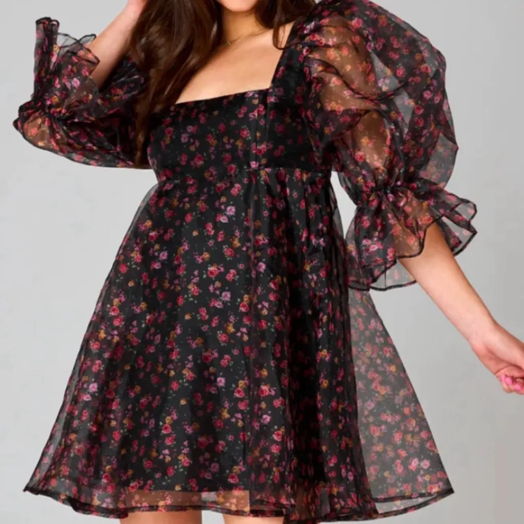 NWT Buddy Love Stassie Puff Sleeve Babydoll Sz S Dress Sleeping Garden print Black - Image 2