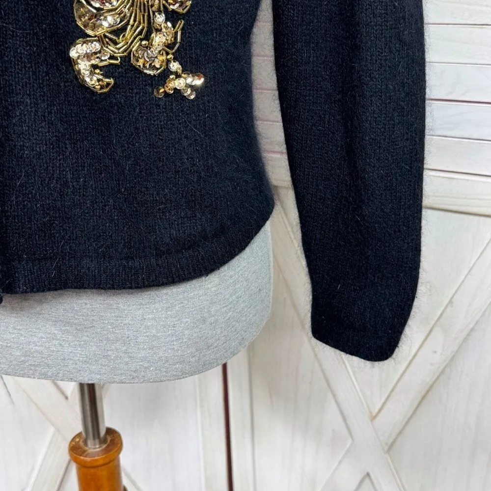 Vintage Karen Scott Sequin Fuzzy Angora Wool Cardigan Sweater Black Gold Medium - Image 6