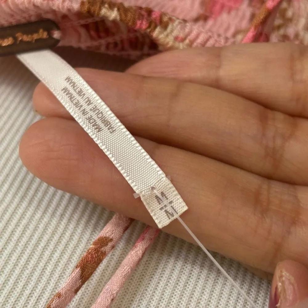 Free People Pink Floral Puff Sleeve Smocked Bust Tie Front Long Sleeve Top M - Image 10