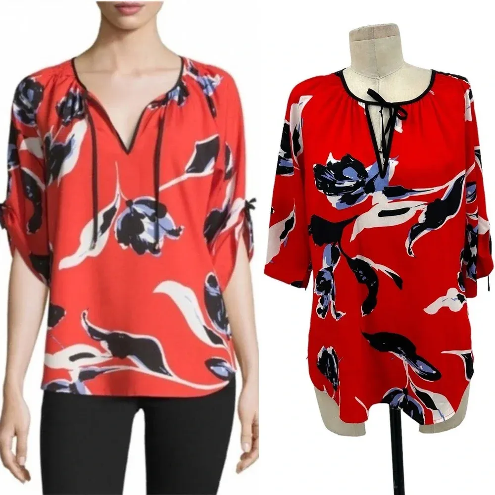 Yumi Kim Joey Top in Red Tulip Splash Floral Print‎ Blouse Size Medium - Image 2