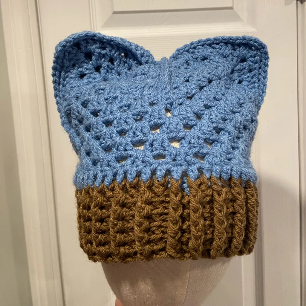 Handmade Crochet Cat Animal Ear Beanie Hat Cozy Ribbed Brim Stretch Winter Hat - Image 1