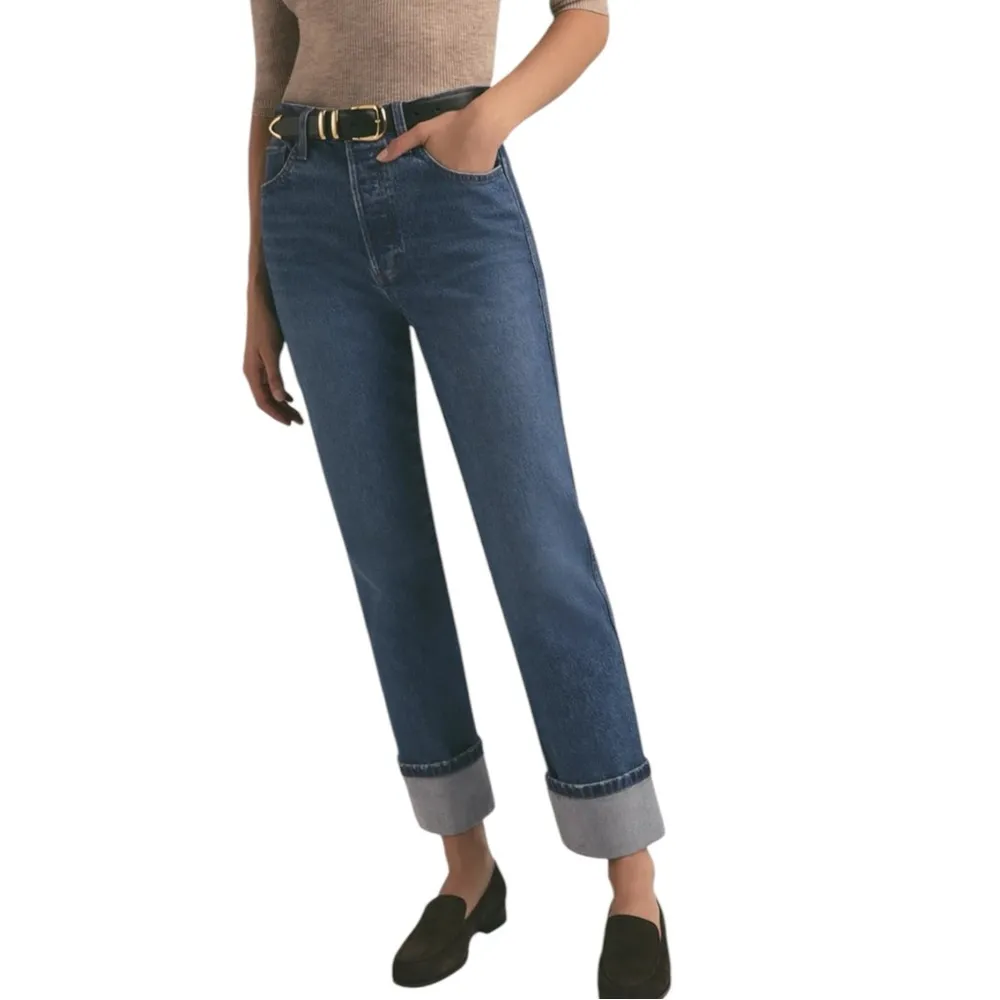 Favorite Daughter Valentina Cuffed Super High Rise Straight Jeans Medium Wash 26 Blue - Image 2