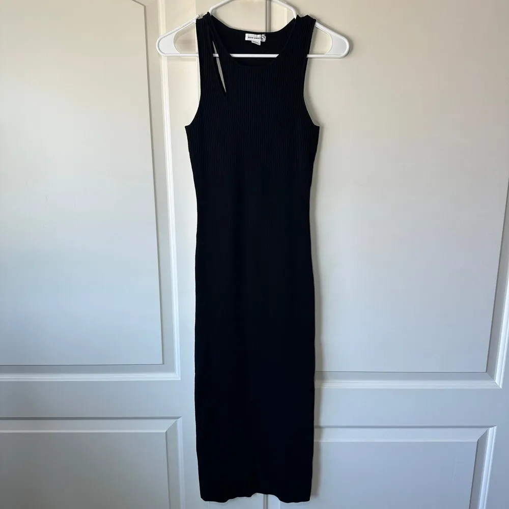 Good American Bold Shoulder Cutout Ribbed Black Midi Dress Bodycon Shaping Small - Image 2