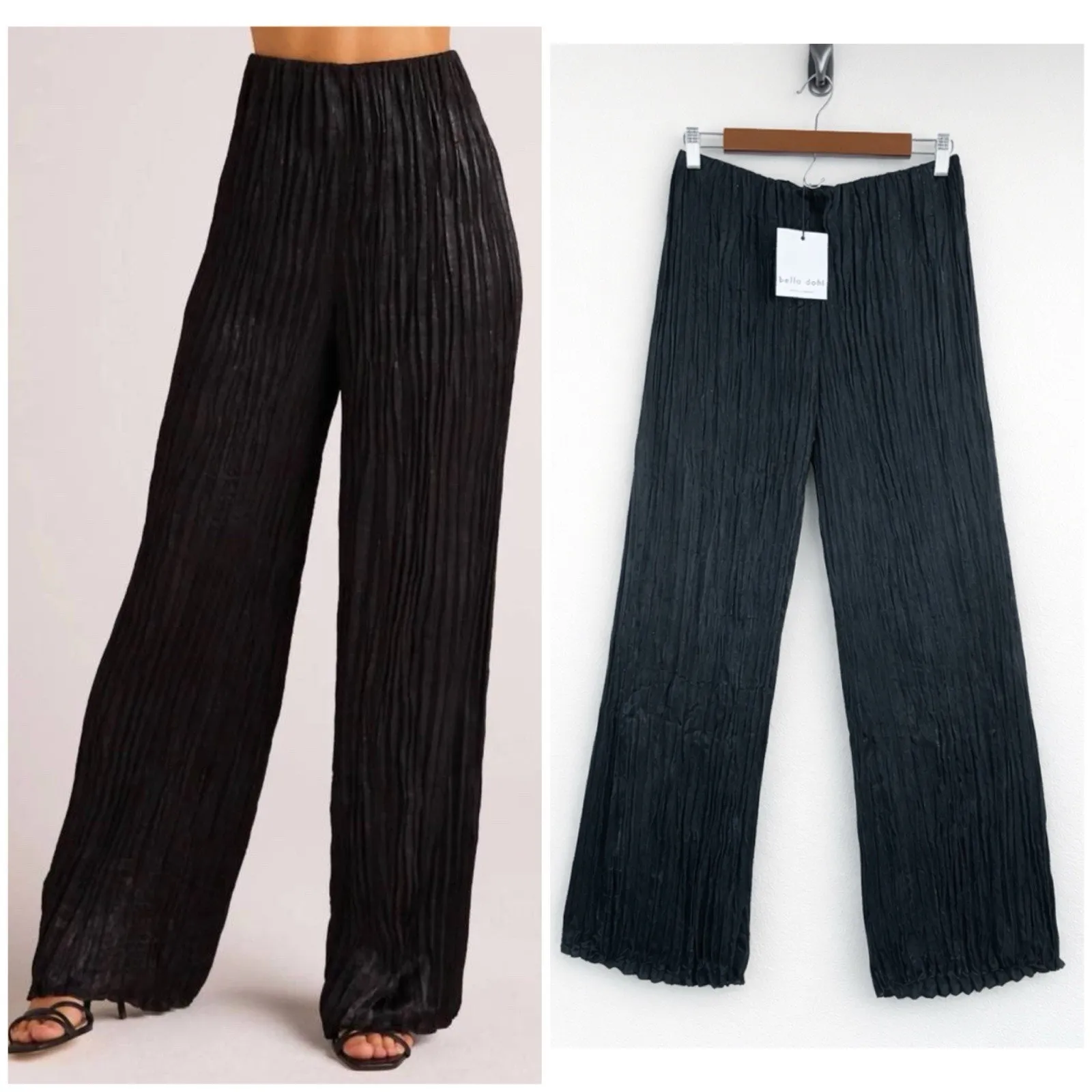 Bella Dahl Black Pleated Silky Finish Wide Leg Pants Women’s SZ M Elastic Waist - Image 3