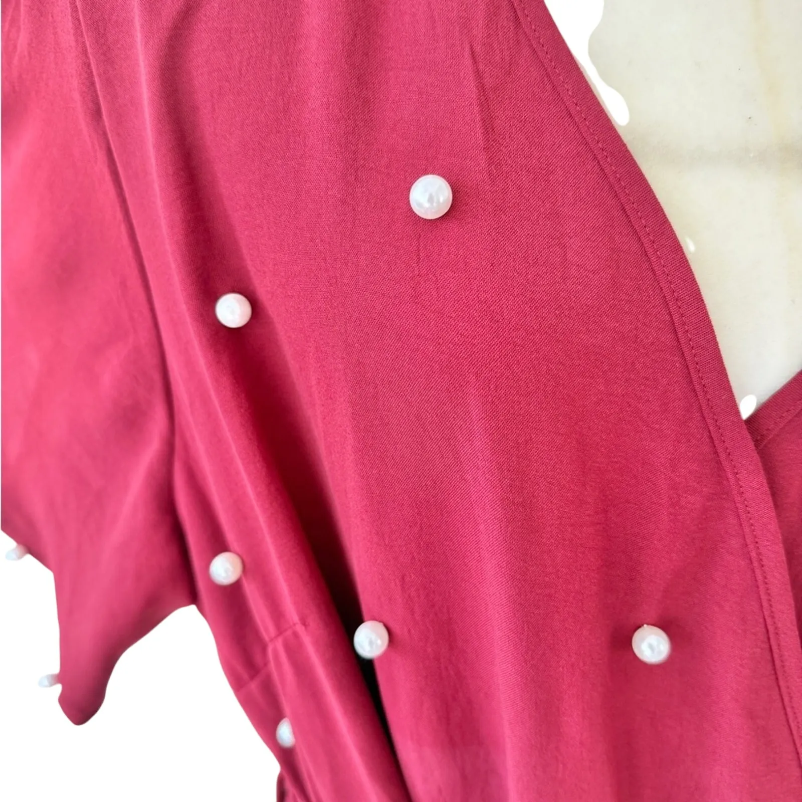 Bloomchic Red Faux Wrap Pearl Stud Short Bell Sleeve Tie Waist Dress Size 22 - Image 11