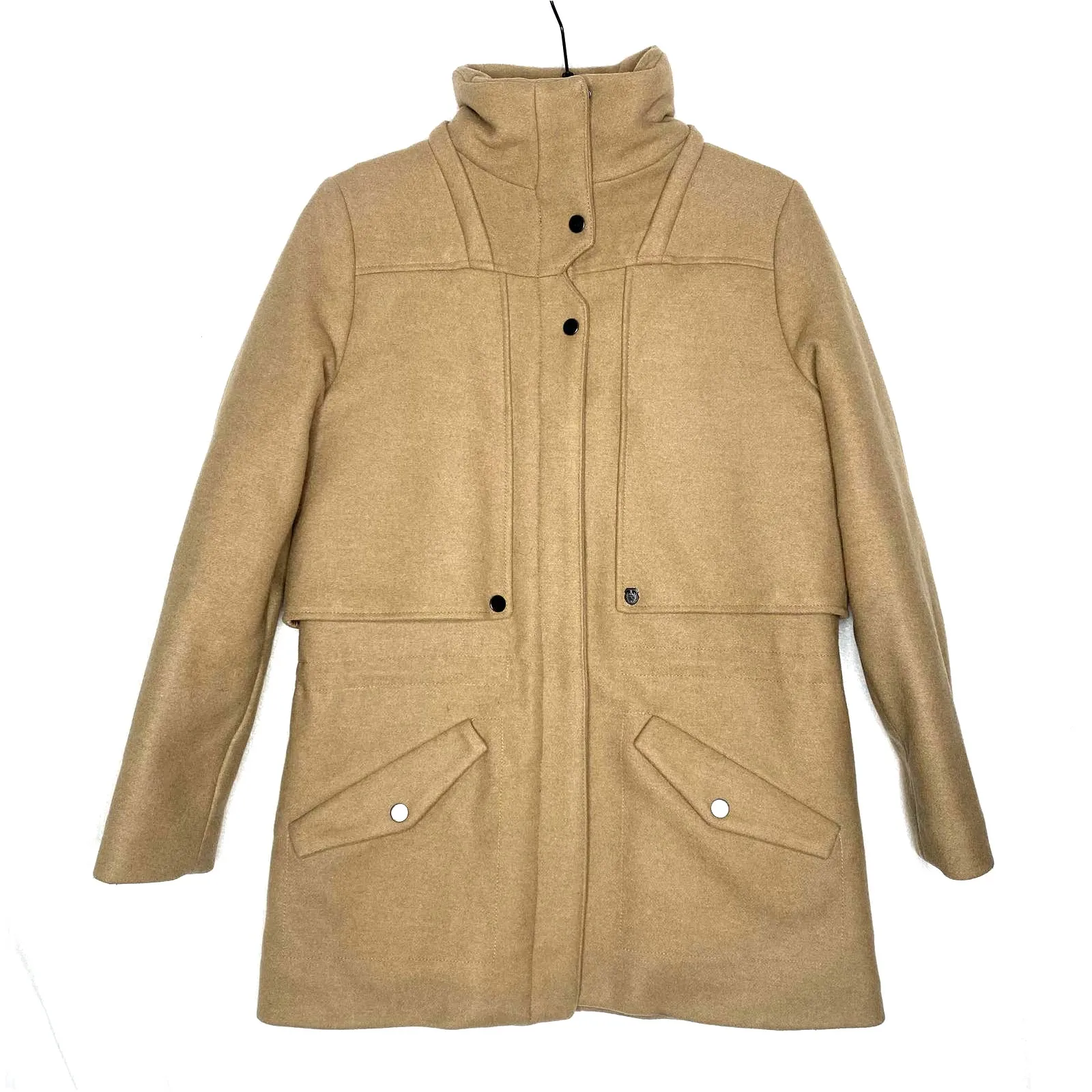 The Kooples Wool Blend Mockneck Utility Pea Coat Small Snap Front Zip Jacket Tan - Image 2