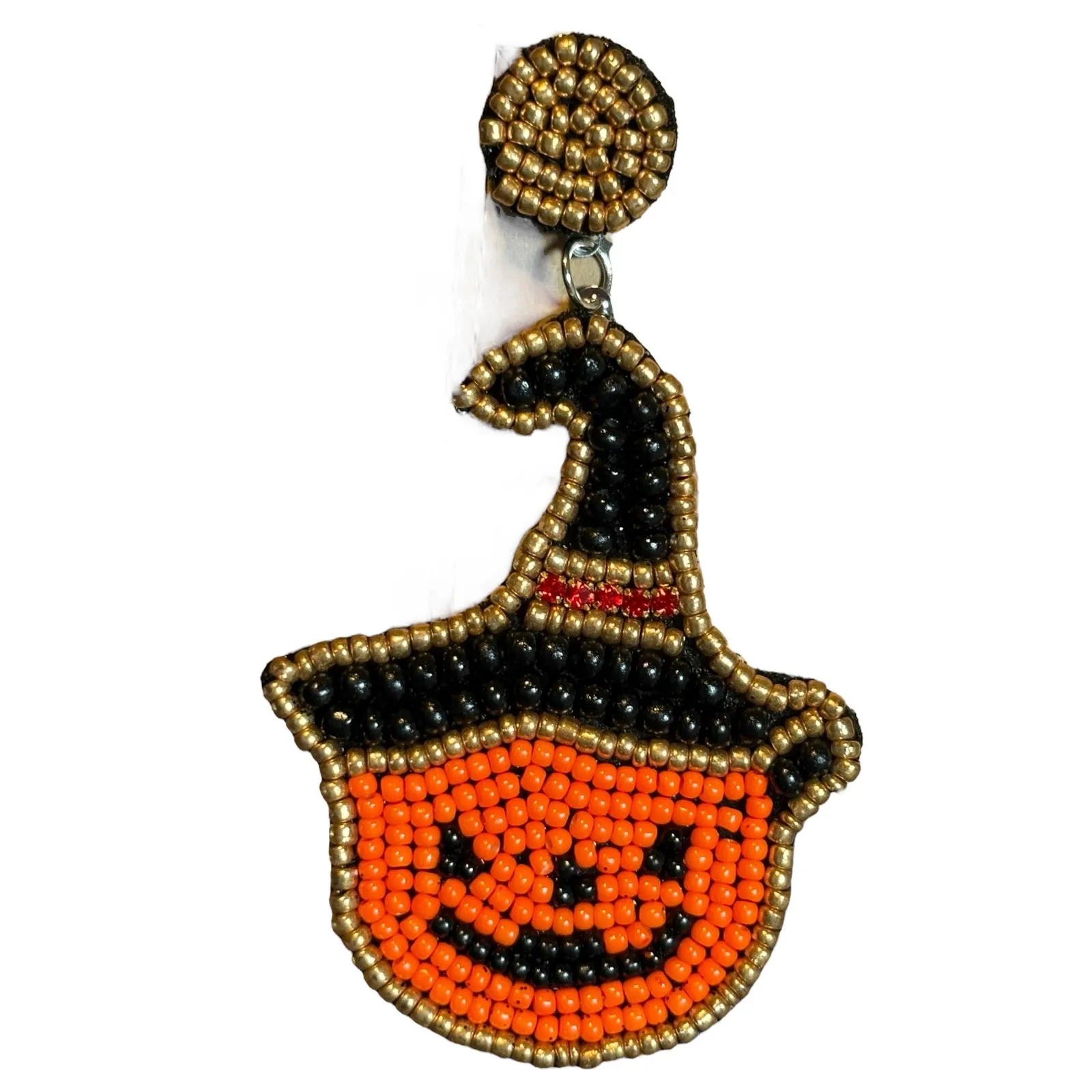 Halloween Earrings Beaded Pumpkin Witch‎ Hat Gold Tone Dangle Drop Seed Bead New Orange - Image 3