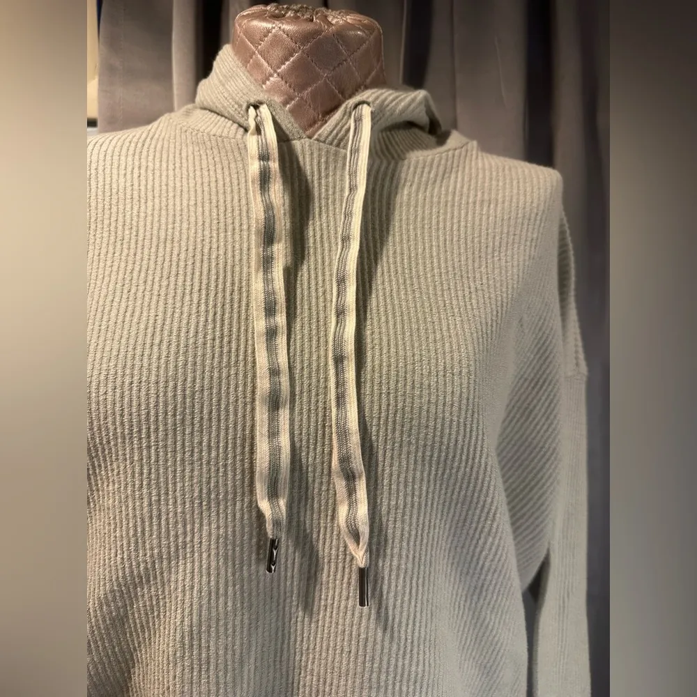 Aerie Hoodie Women Size Small Gray Green Ribbed Terry Cropped Hooded Sweatshirt - Image 3