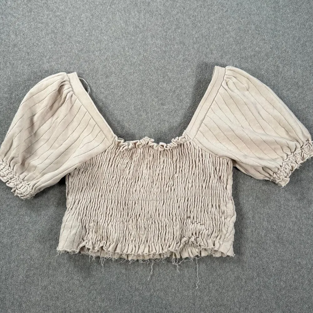 By Together Smocked Cropped Top Size Large Beige Ribbed Puff Sleeve Cotton Boho - Image 9