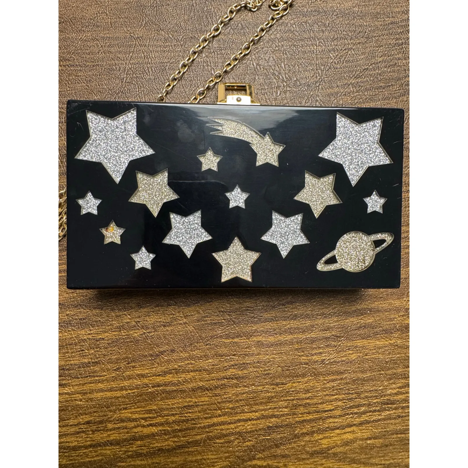 Circus Sam Edelmand Black Gold Star Celestial Acrylic Hard Shell Clutch Purse - Image 9