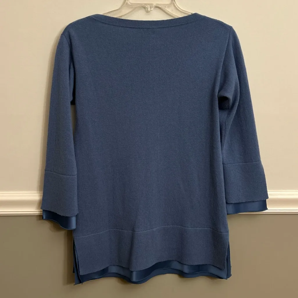 Lafayette 148 Cornflower Blue Cashmere Faux Silk Trim Sweater Top Extra Small P Size XS - Image 3